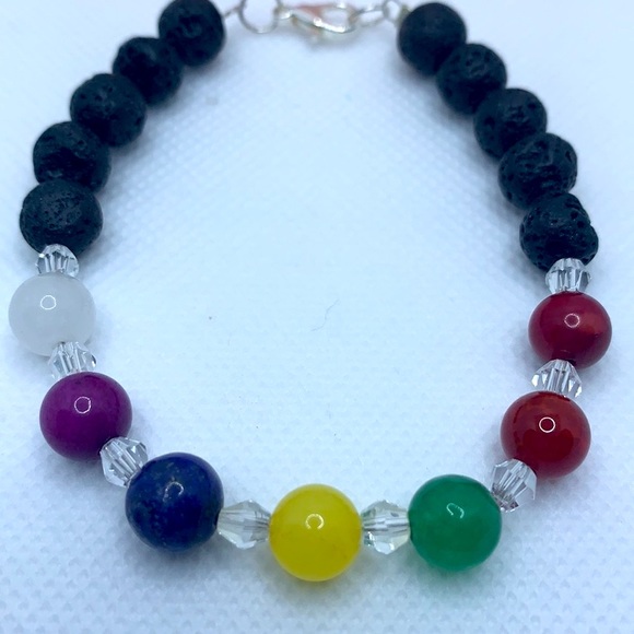 Handmade Semiprecious Stone Lava Stone Chakra Bracelet 7.5” Silver Plated NWOT - Picture 4 of 5